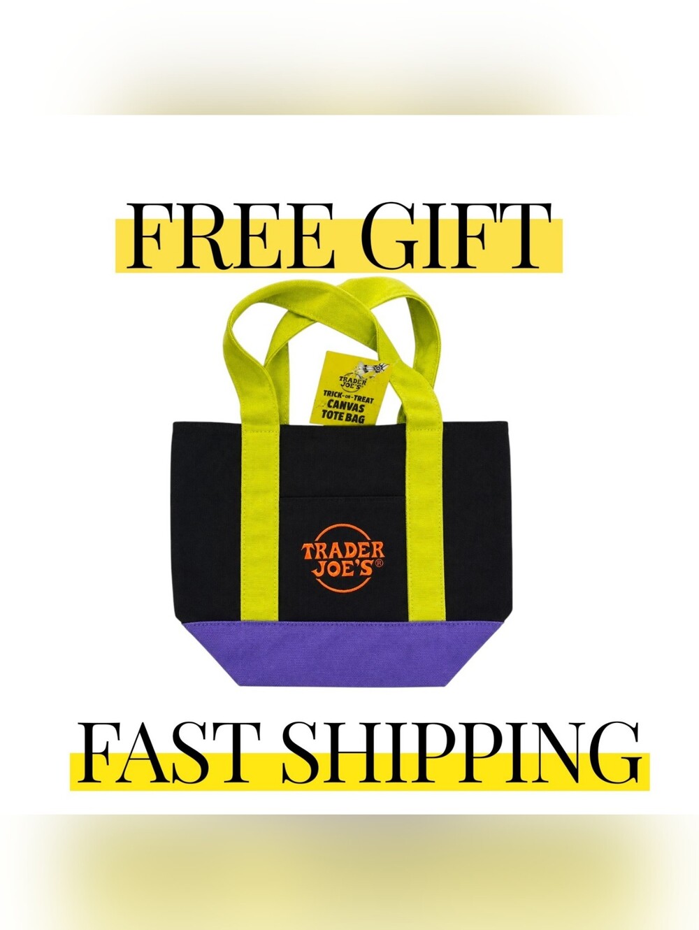 NWT Trader Joe's Mini Canvas Tote- LIMITED EDITION Green-Purple-Black FREE GIFT